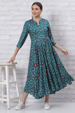Green Flared Printed Dress image number 5